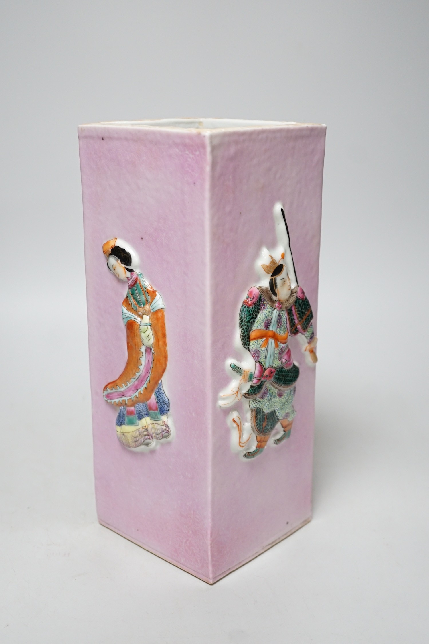 A Chinese pink ground famille rose square vase, 30cm